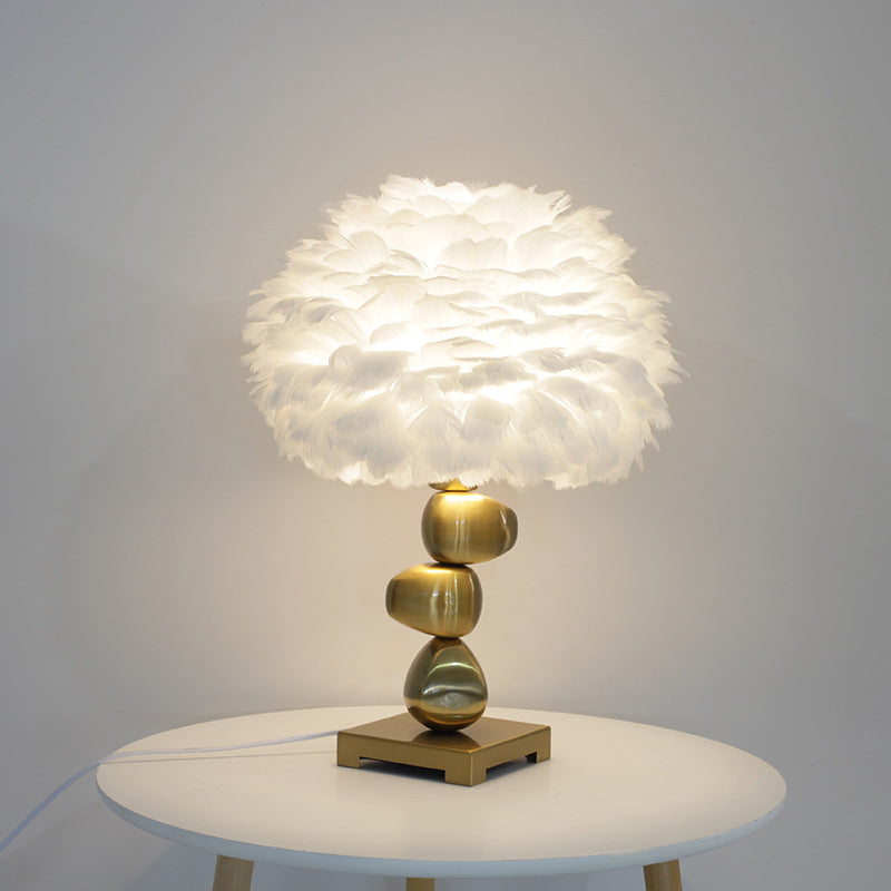 Metal Cobblestone Table Light Mid-Century Single Night Lamp with White Fluffy Feather Shade for Bedroom