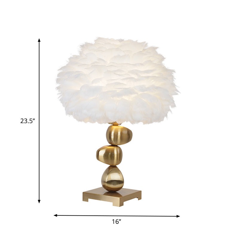 Metal Cobblestone Table Light Mid-Century Single Night Lamp with White Fluffy Feather Shade for Bedroom
