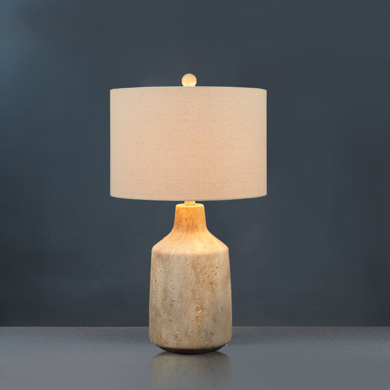 Minimalist Jar Nightstand Light Cement 1-Light Bedside Table Lighting with Drum Fabric Lampshade in White