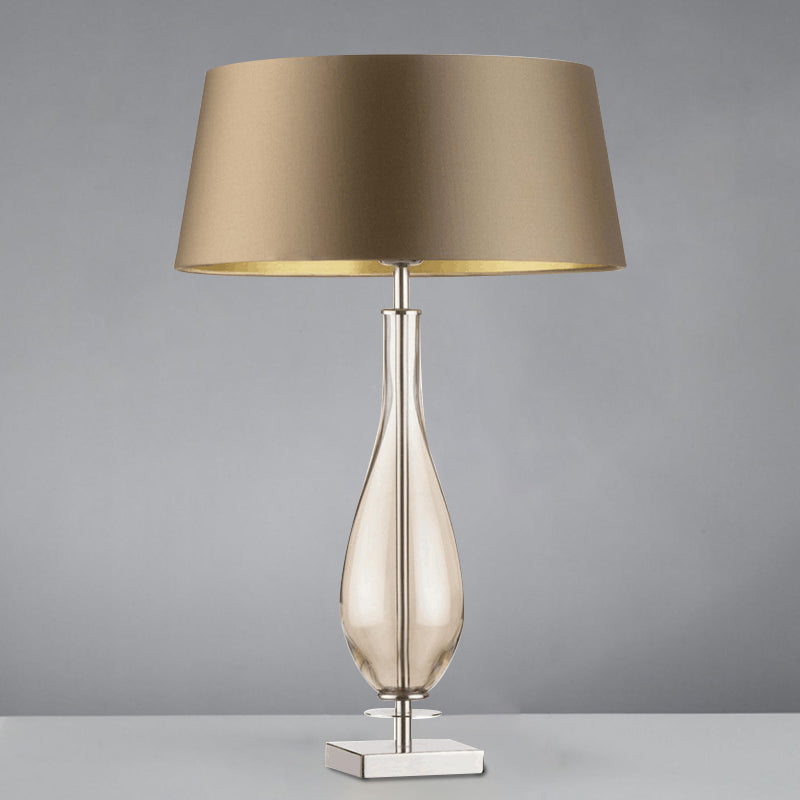 Long Neck Vase Bedroom Table Light Clear Glass Single Modern Night Lamp with Brown Tapered Fabric Shade