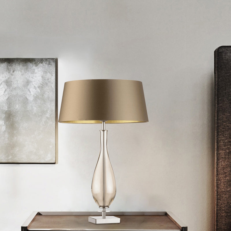 Long Neck Vase Bedroom Table Light Clear Glass Single Modern Night Lamp with Brown Tapered Fabric Shade