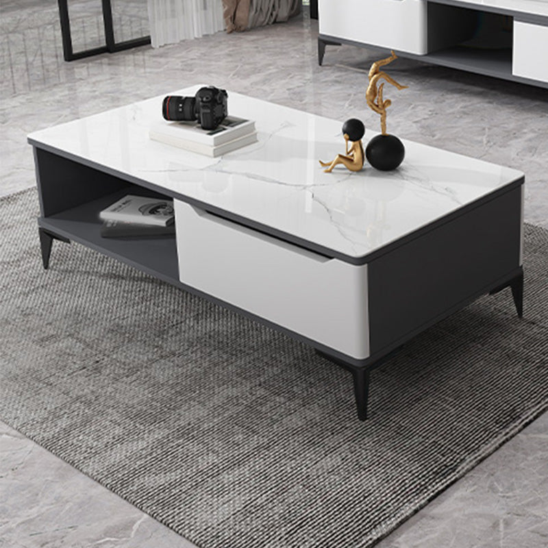 4 Legs Cocktail Table Rectangle Stone Single Coffee Table with Drawer