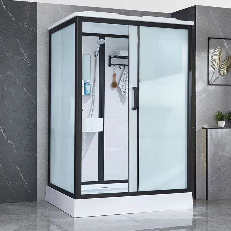 Black Framed Single Sliding Shower Kit Frosted Rectangle Shower Stall