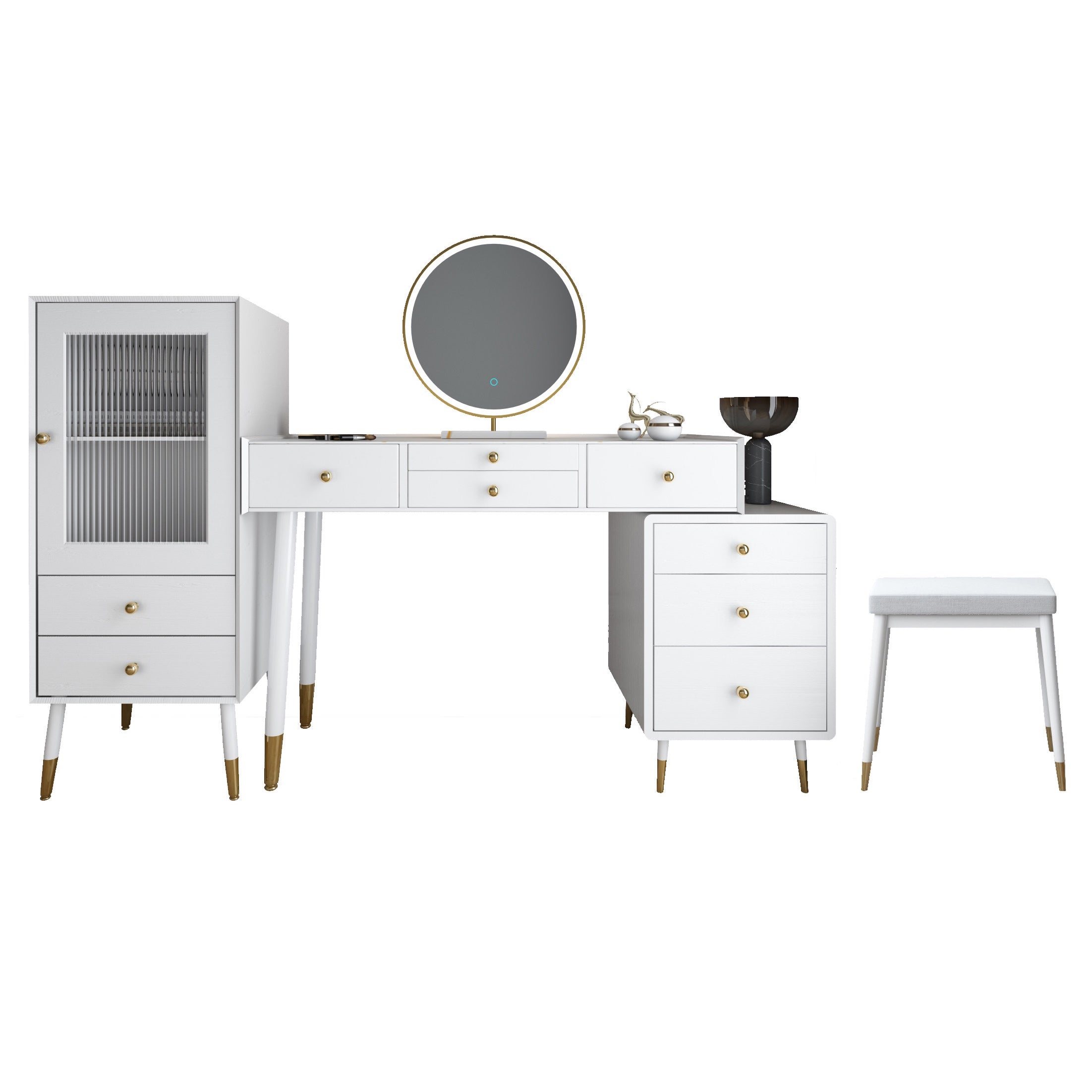 Modern Solid Wood Vanity Dressing Table with Mirror and Stool for Bedroom