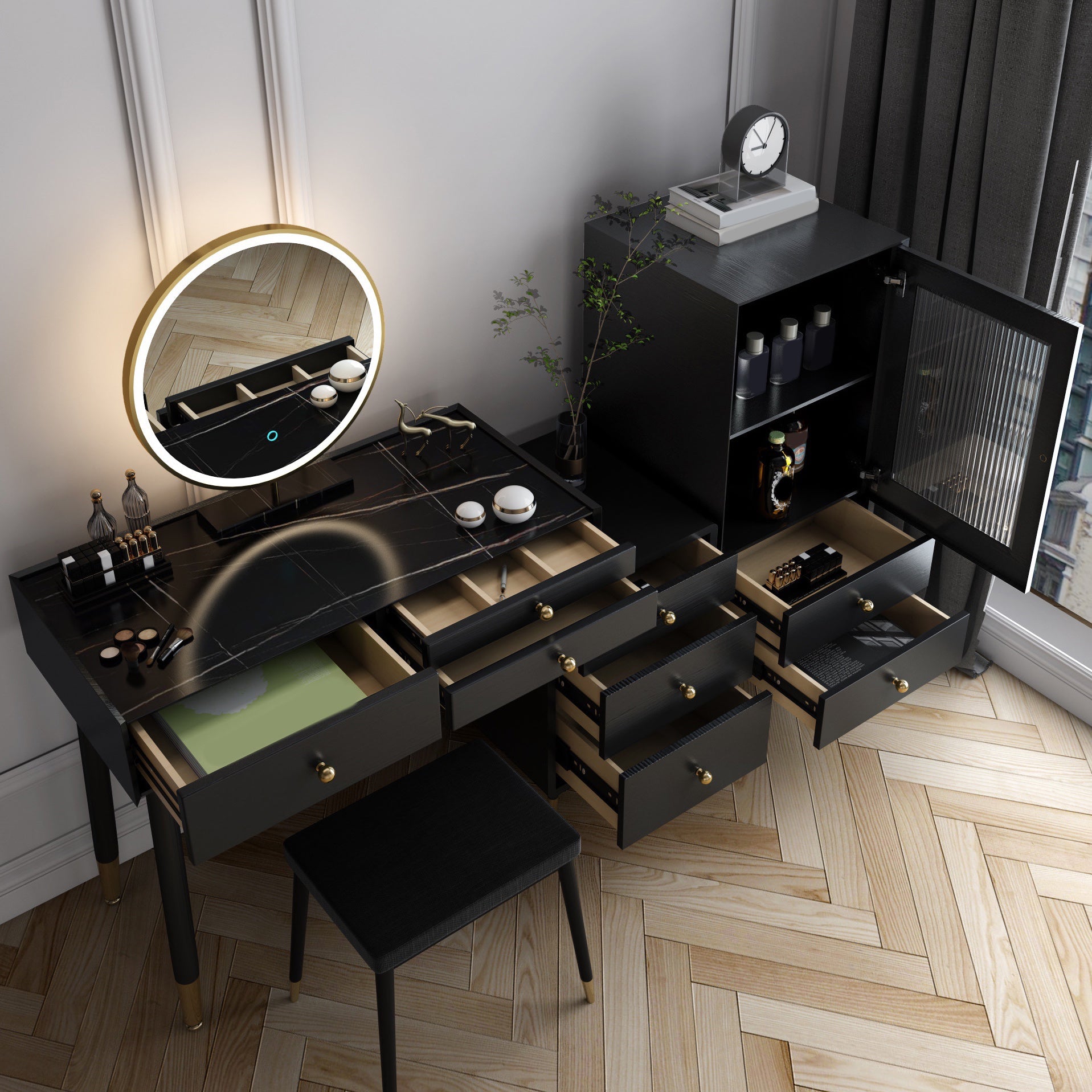 Modern Solid Wood Vanity Dressing Table with Mirror and Stool for Bedroom