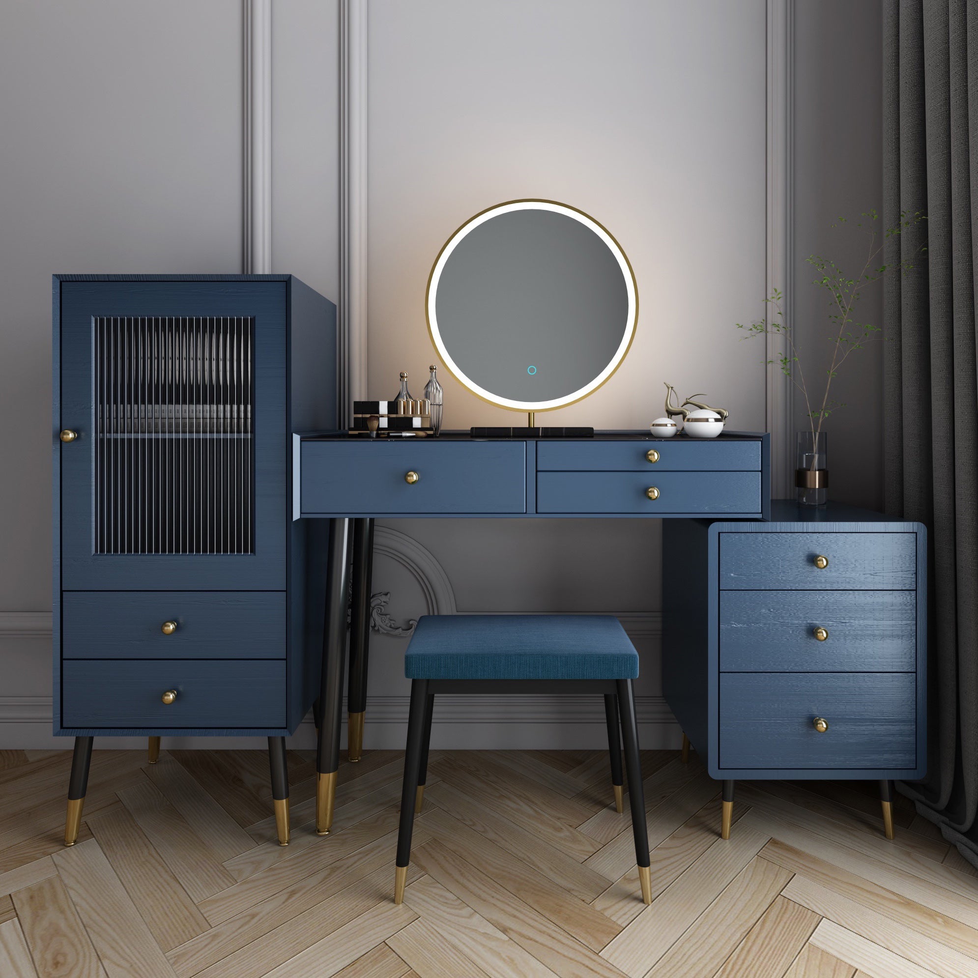 Modern Solid Wood Vanity Dressing Table with Mirror and Stool for Bedroom