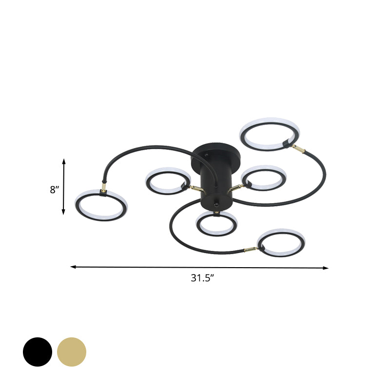 Black/Gold Swirl Semi Flush Mount Lighting Modern Acrylic LED Ceiling Fixture with Rings for Bedroom