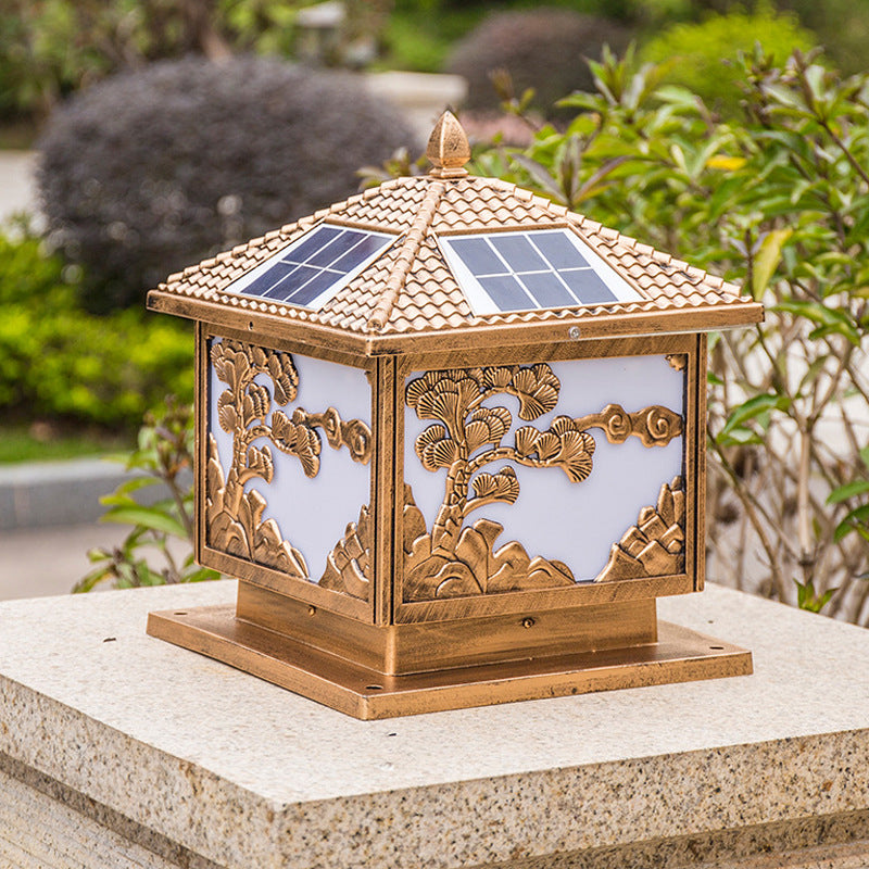Rectangle Shape Metal Outdoor Lamp Modern Style Single Light Solar Pillar Lights