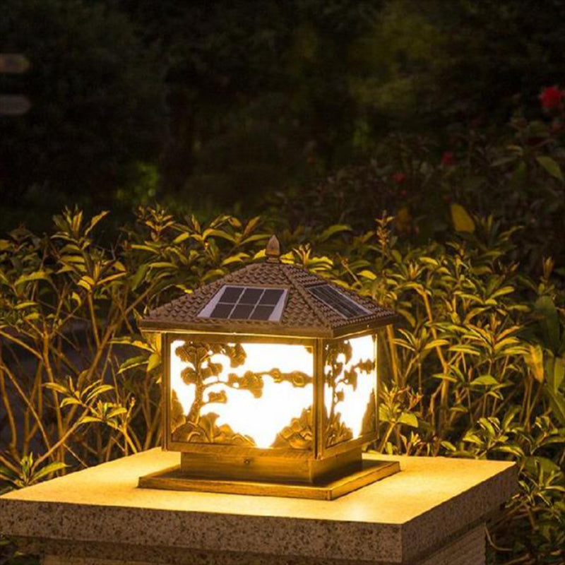Rectangle Shape Metal Outdoor Lamp Modern Style Single Light Solar Pillar Lights