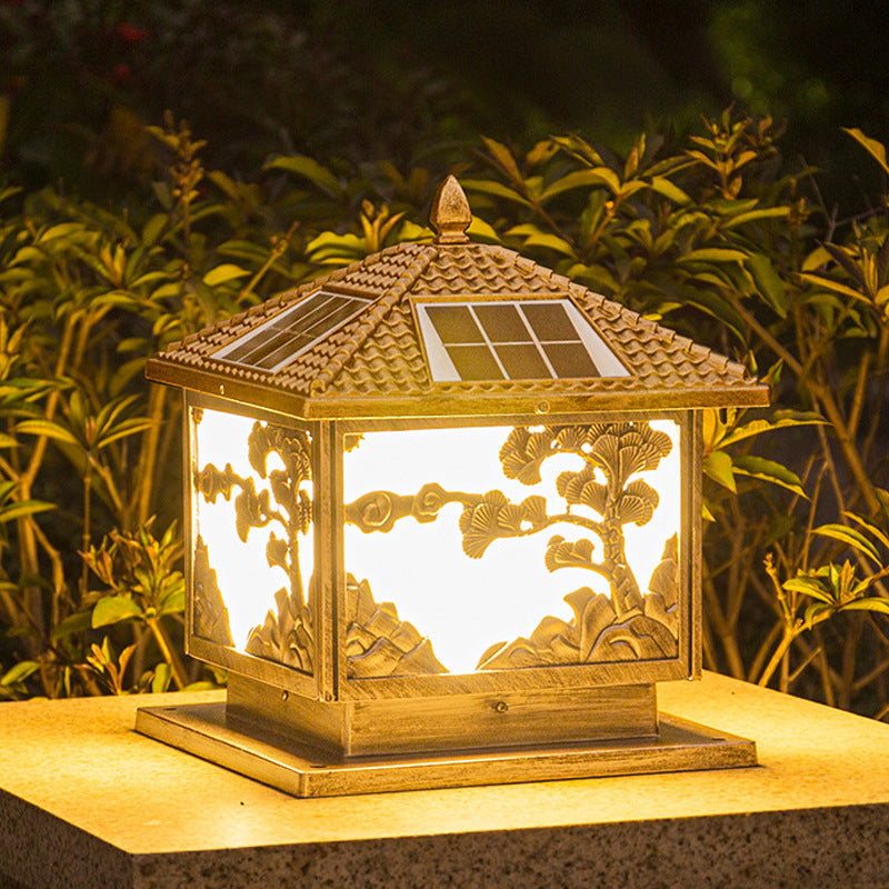 Rectangle Shape Metal Outdoor Lamp Modern Style Single Light Solar Pillar Lights