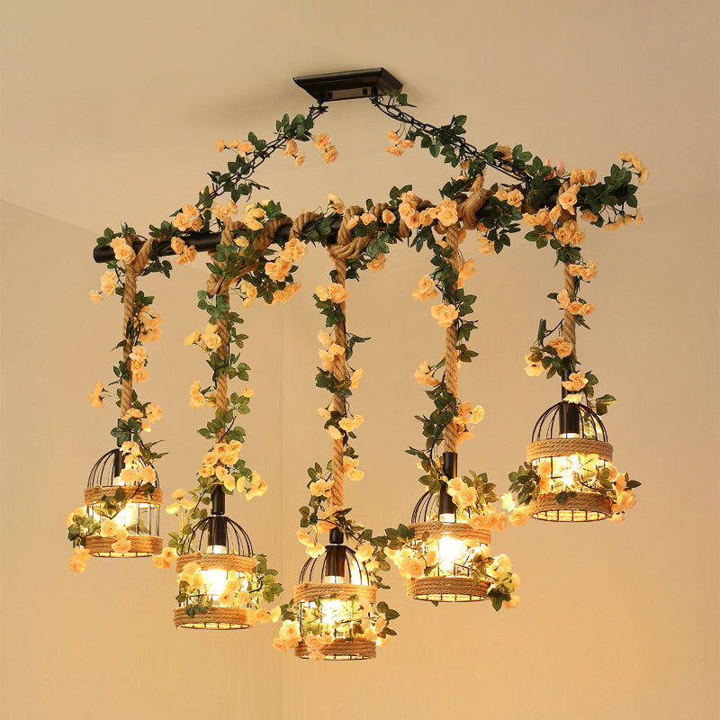 Birdcage Restaurant Island Lighting Industrial Hemp Rope 3/5-Light Black Ceiling Suspension Lamp