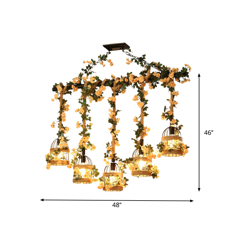 Birdcage Restaurant Island Lighting Industrial Hemp Rope 3/5-Light Black Ceiling Suspension Lamp