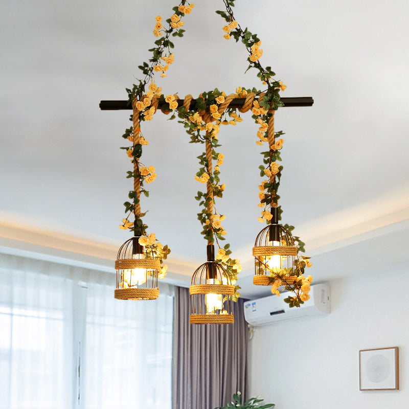 Birdcage Restaurant Island Lighting Industrial Hemp Rope 3/5-Light Black Ceiling Suspension Lamp