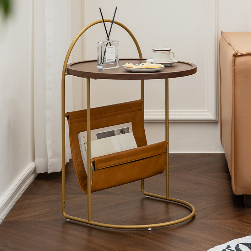 Solid Wood Side Table with Storage Round Tray Top Corner Table
