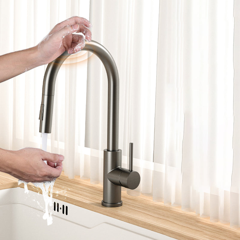 Contemporary Kitchen Bar Faucet Touch Sensor Gooseneck with Pull Down Sprayer