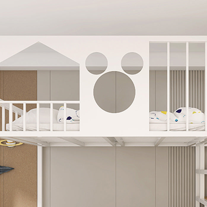 Metal Loft Bed White/Black Kids Bed with Stairway and Guardrail