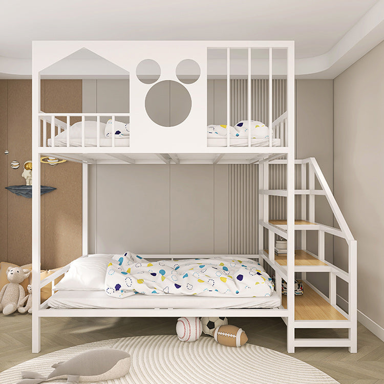 Metal Loft Bed White/Black Kids Bed with Stairway and Guardrail