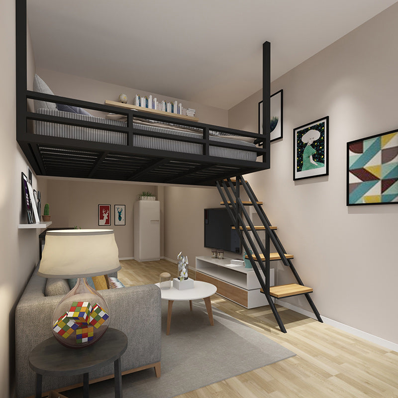 Scandinavian Metal Loft Bed White/Black Built-In Ladder Kids Bed