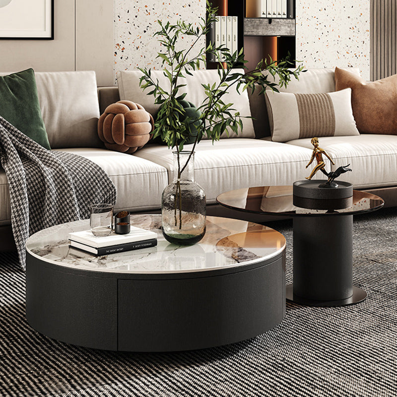 Stone Coffee Table Pedestal Nesting Coffee Table Set with Drawer