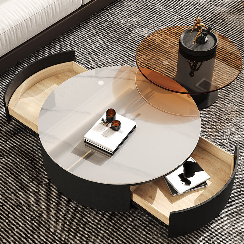 Stone Coffee Table Pedestal Nesting Coffee Table Set with Drawer