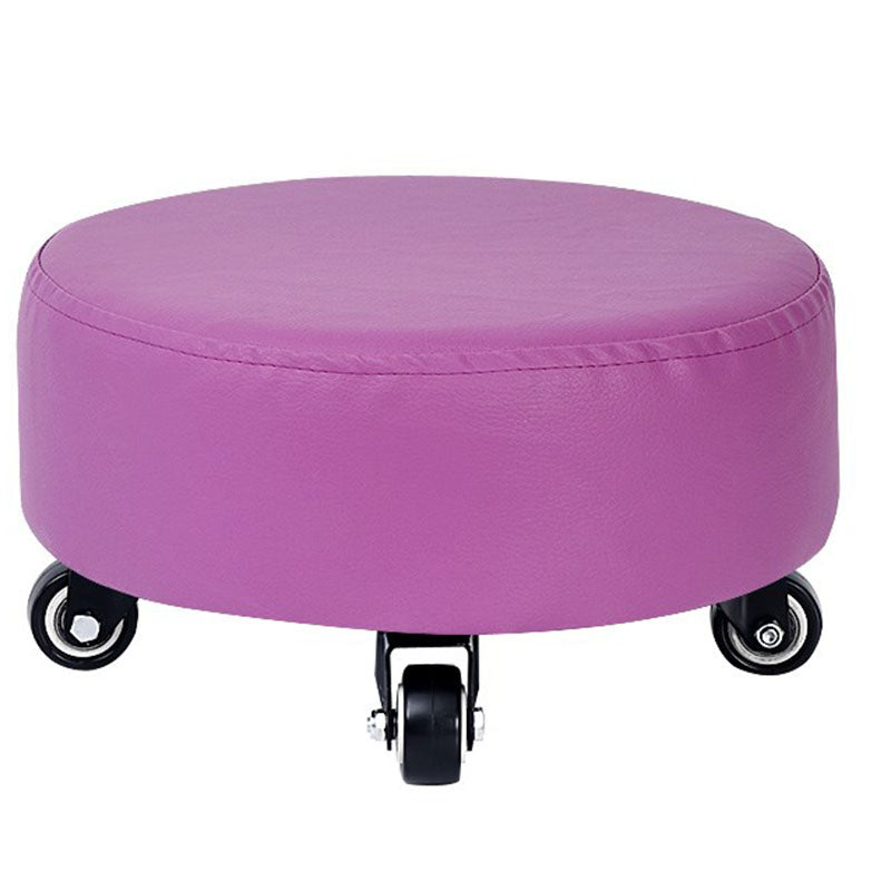 Modern Pouf Ottoman Faux Leather Upholstered Solid Color Round Ottoman with Wheels