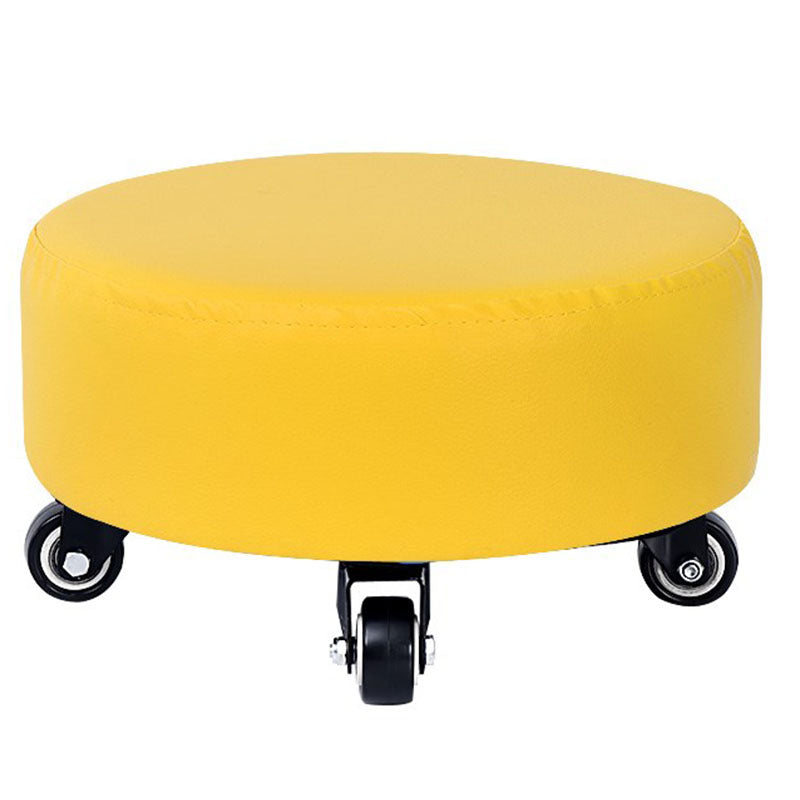 Modern Pouf Ottoman Faux Leather Upholstered Solid Color Round Ottoman with Wheels