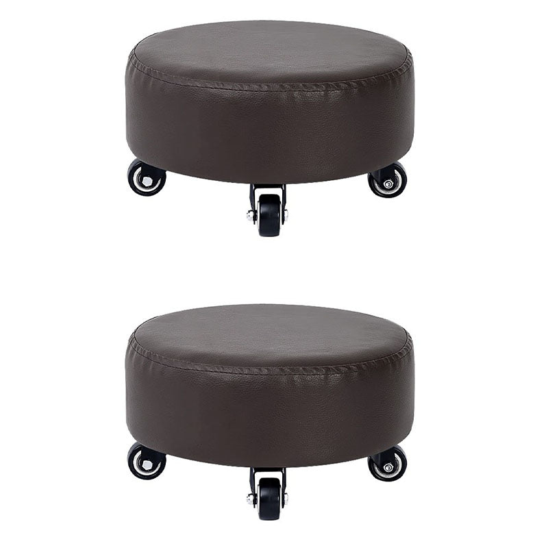 Modern Pouf Ottoman Faux Leather Upholstered Solid Color Round Ottoman with Wheels