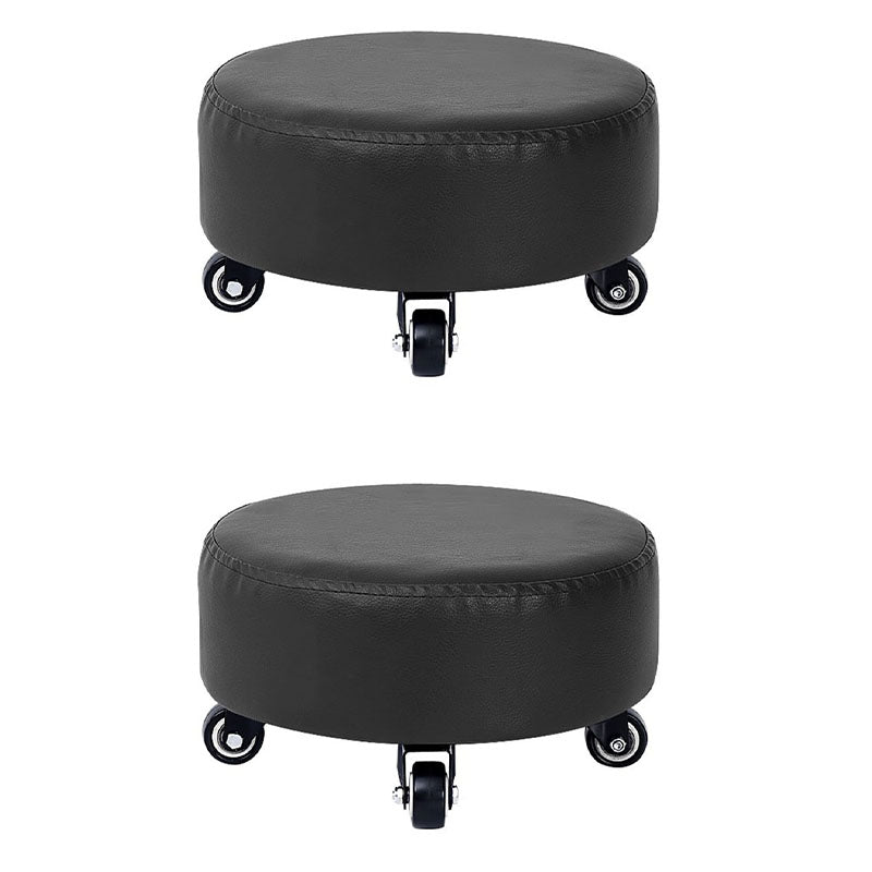 Modern Pouf Ottoman Faux Leather Upholstered Solid Color Round Ottoman with Wheels