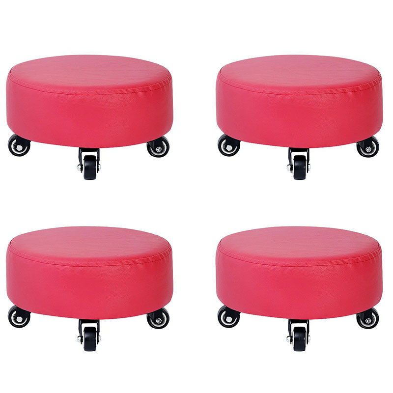 Modern Pouf Ottoman Faux Leather Upholstered Solid Color Round Ottoman with Wheels