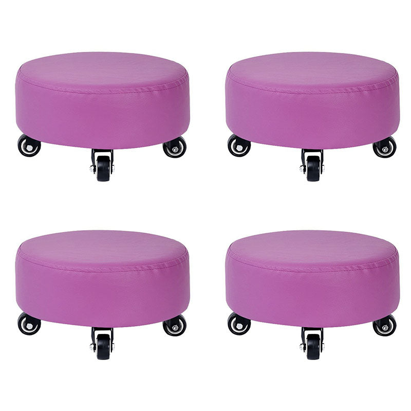 Modern Pouf Ottoman Faux Leather Upholstered Solid Color Round Ottoman with Wheels