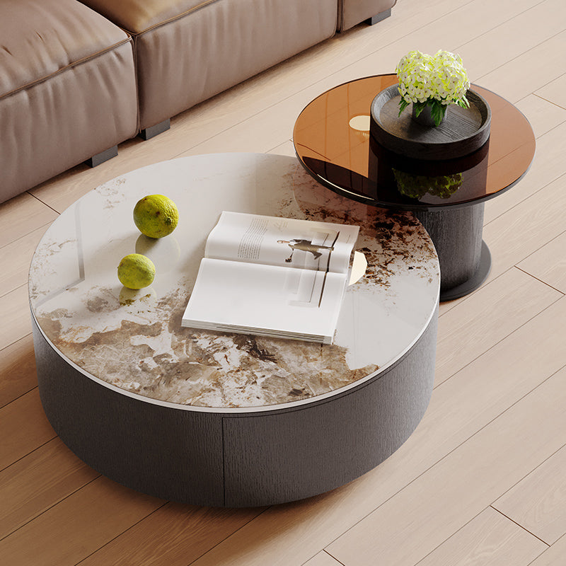Slate Nesting Coffee Table Set Pedestal Cocktail Table with Drawers