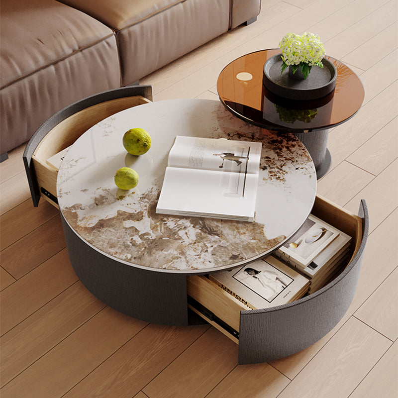 Slate Nesting Coffee Table Set Pedestal Cocktail Table with Drawers