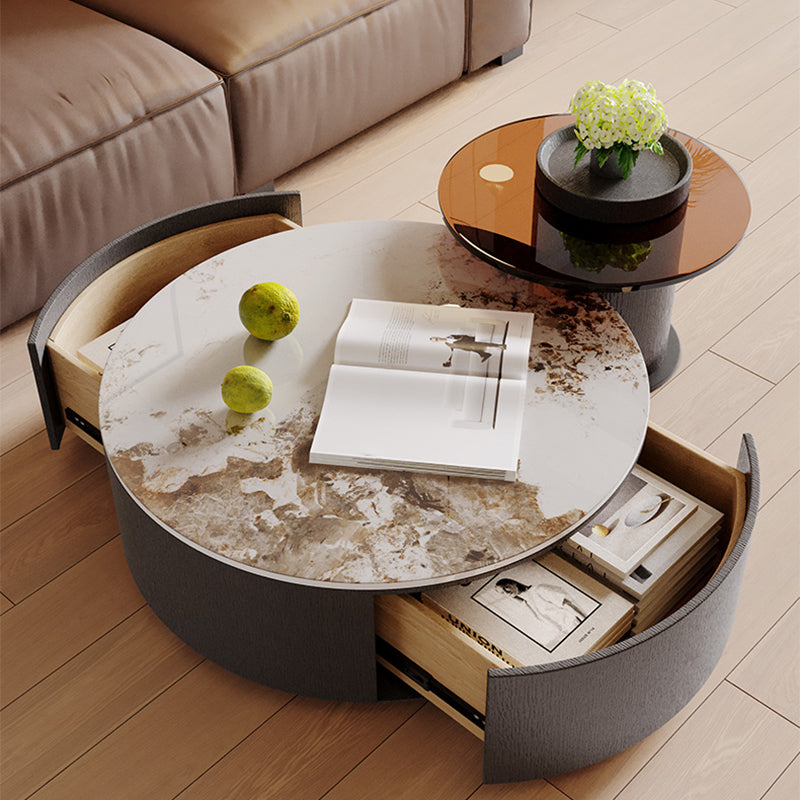 Slate Nesting Coffee Table Set Pedestal Cocktail Table with Drawers