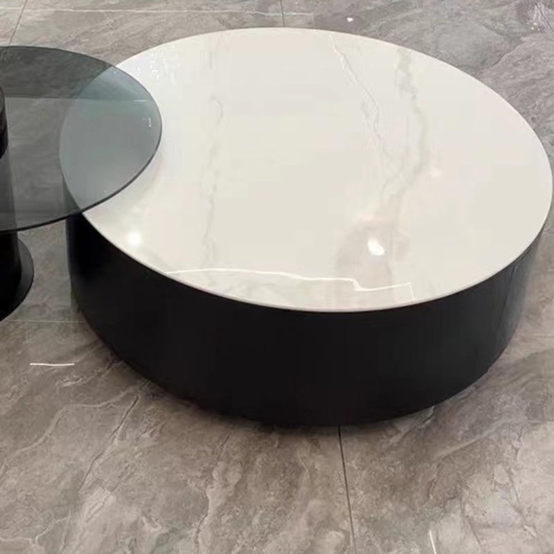 Round Nesting Coffee Table Pedestal Stone Cocktail Table with Drawer