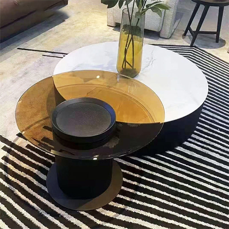 Round Nesting Coffee Table Pedestal Stone Cocktail Table with Drawer