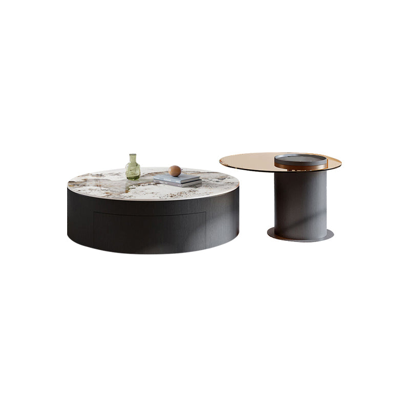 Round Nesting Coffee Table Pedestal Stone Cocktail Table with Drawer
