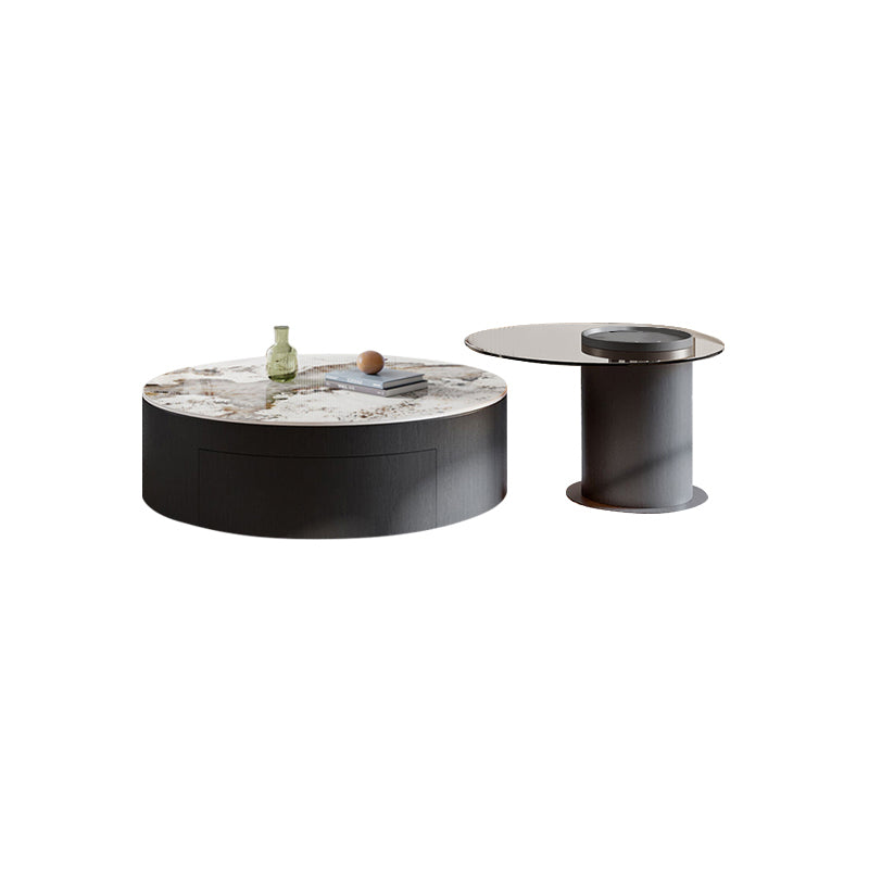 Round Nesting Coffee Table Pedestal Stone Cocktail Table with Drawer
