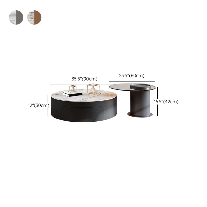 Round Nesting Coffee Table Pedestal Stone Cocktail Table with Drawer