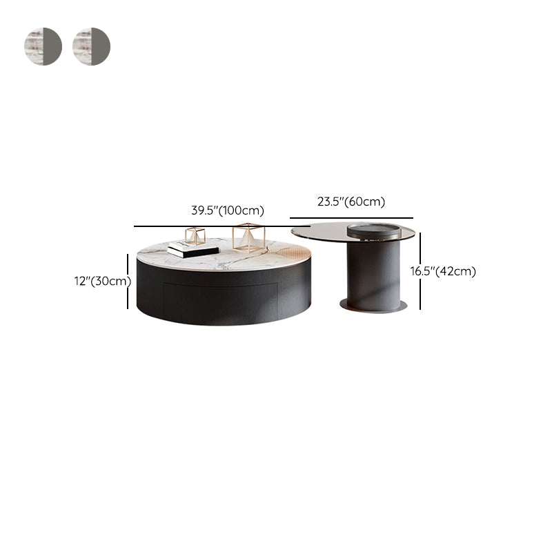 Round Nesting Coffee Table Pedestal Stone Cocktail Table with Drawer