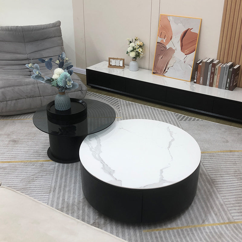 Round Stone Coffee Table Pedestal Nesting Coffee Table Set with Drawer