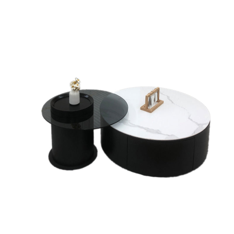 Round Stone Coffee Table Pedestal Nesting Coffee Table Set with Drawer