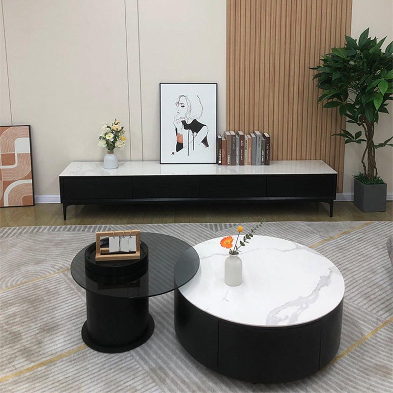 Round Stone Coffee Table Pedestal Nesting Coffee Table Set with Drawer