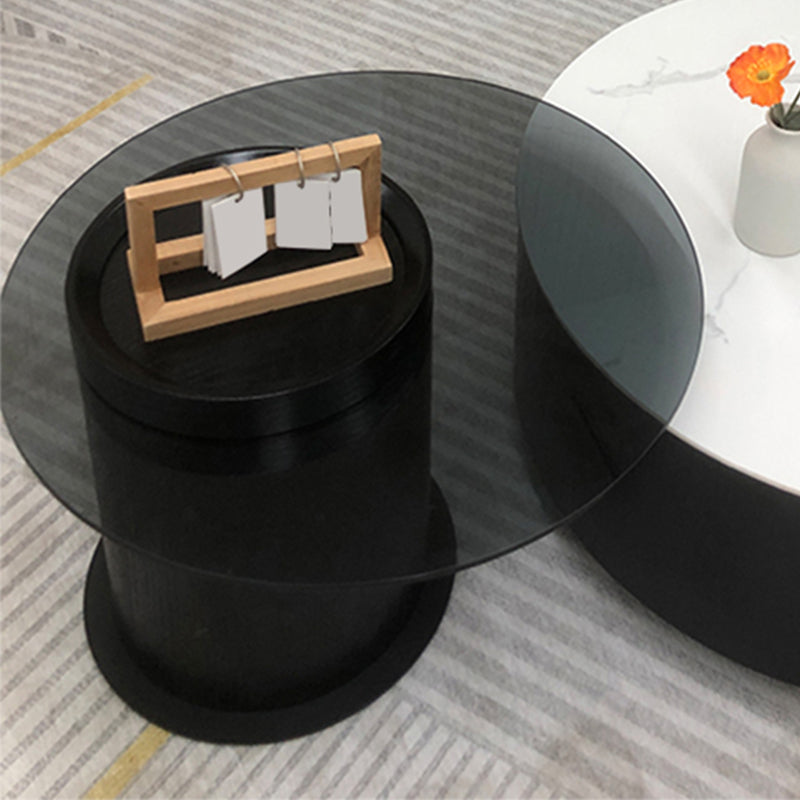 Round Stone Coffee Table Pedestal Nesting Coffee Table Set with Drawer