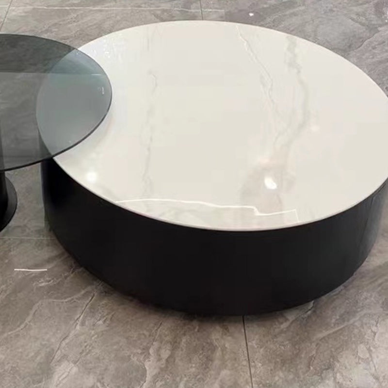 Round Stone Coffee Table Pedestal Nesting Coffee Table Set with Drawer