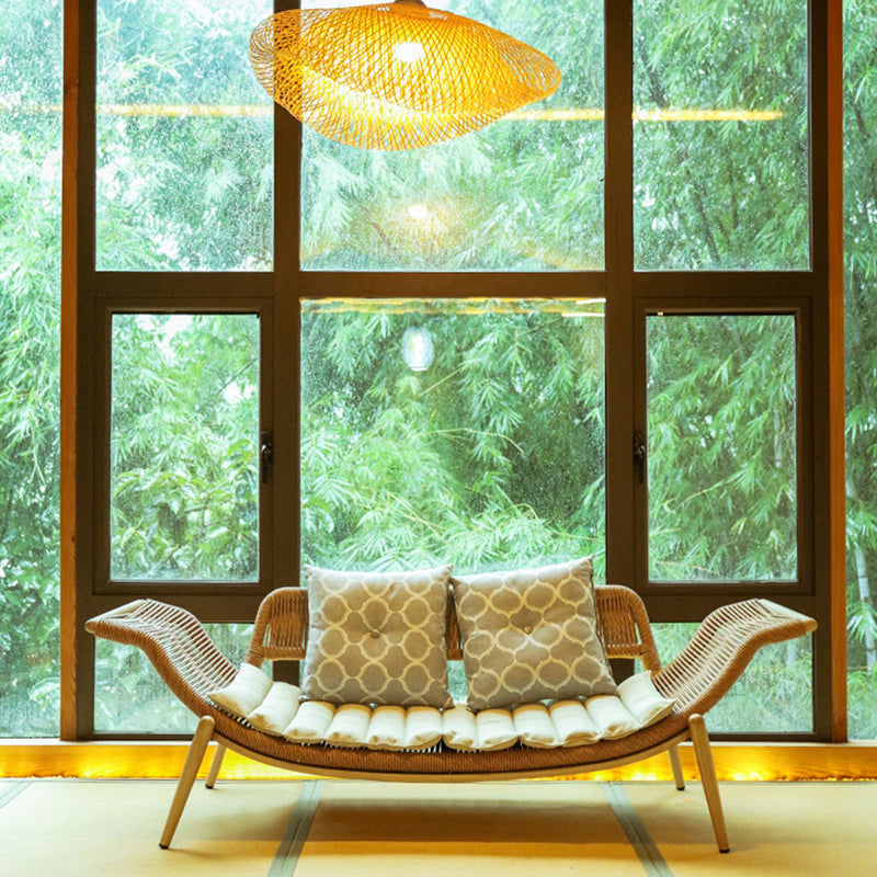 Traditional Rattan Cushioned Yoga Chaise Lounge Chair with Arms and Pillow Accent Chair