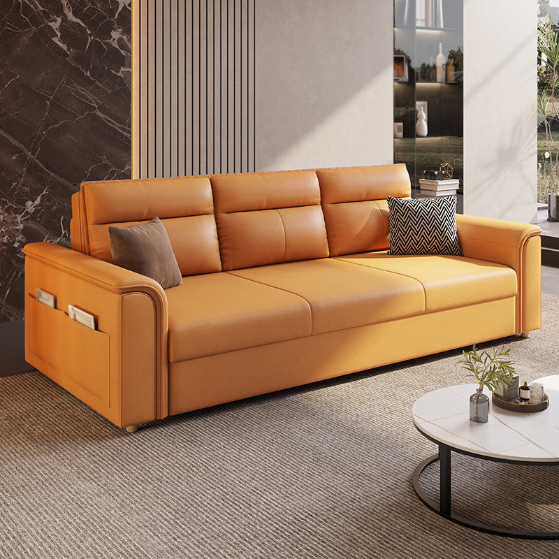 Scandinavian Orange Futon and Mattress Flared Arms Futon Sleeper Sofa with Storage