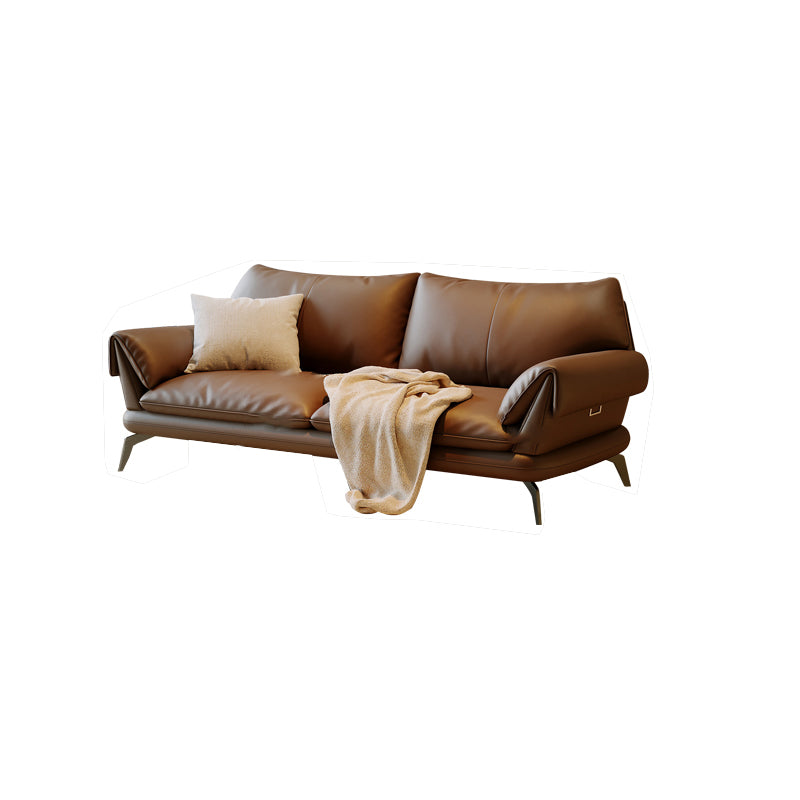 Brown Genuine Leather Sofa Loose Back Flared Arm Sofa with Pillows