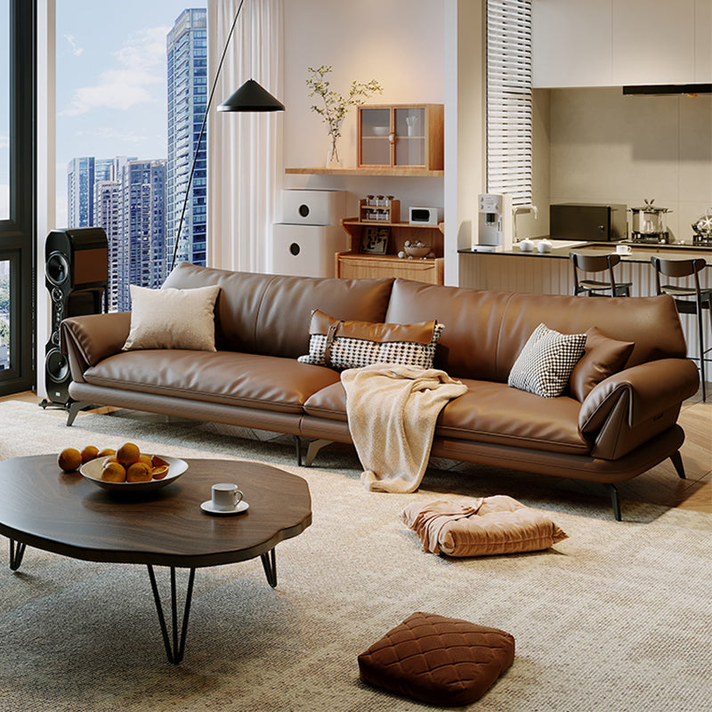 Brown Genuine Leather Sofa Loose Back Flared Arm Sofa with Pillows