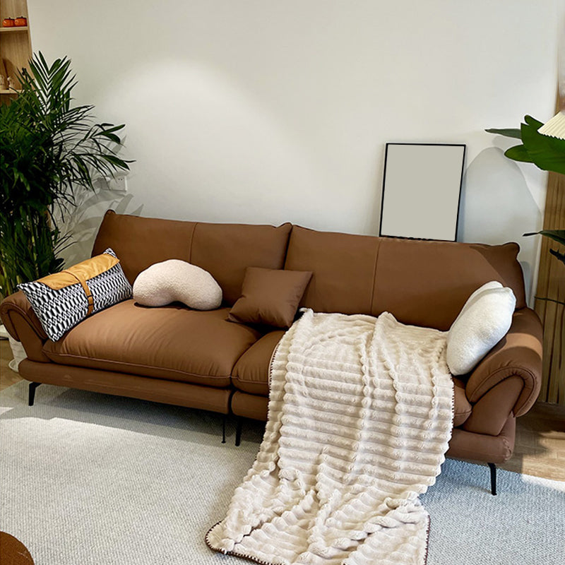 Brown Genuine Leather Sofa Loose Back Flared Arm Sofa with Pillows