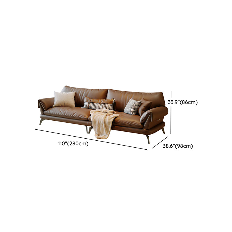 Brown Genuine Leather Sofa Loose Back Flared Arm Sofa with Pillows